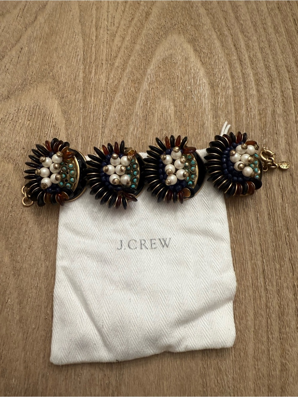 J.Crew Spectacular Layer Beaded Statement Bracelet Pearl Enamel Blue Gold